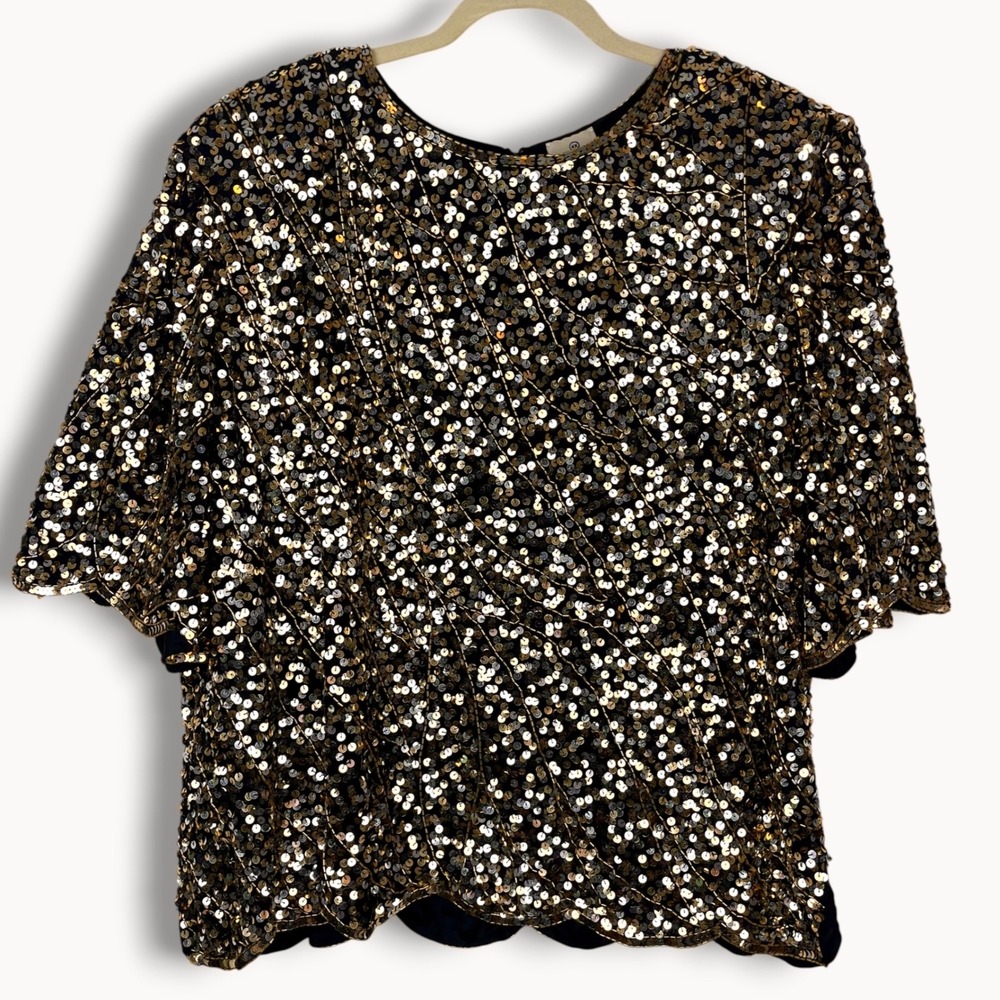 Vintage Silk Sequin Beaded Blouse Gold Silver Scalloped Top Plus Size 4X